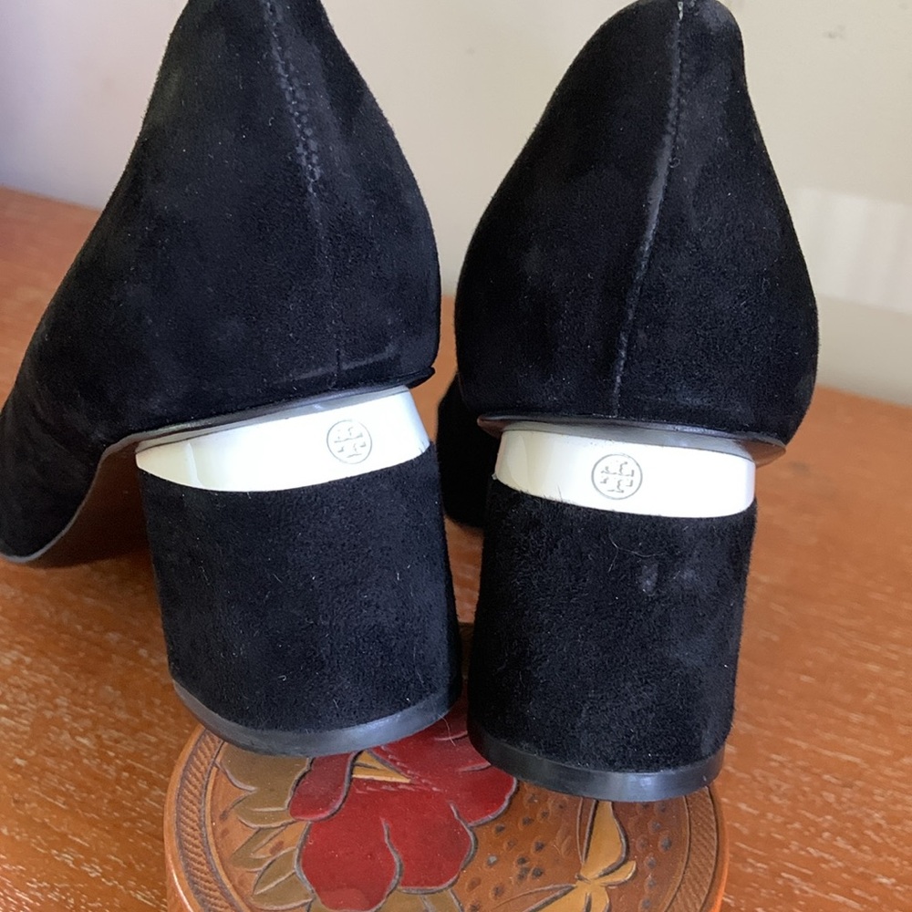 Tory Burch Black Suede Heels with Ivory Hardware 9
